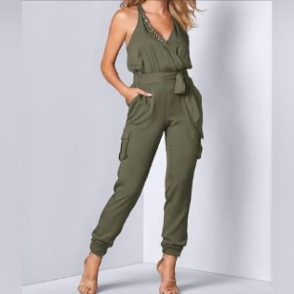VENUS Pants - Venous olive green sexy jump suit with v neck rhinestone design tapered ankles